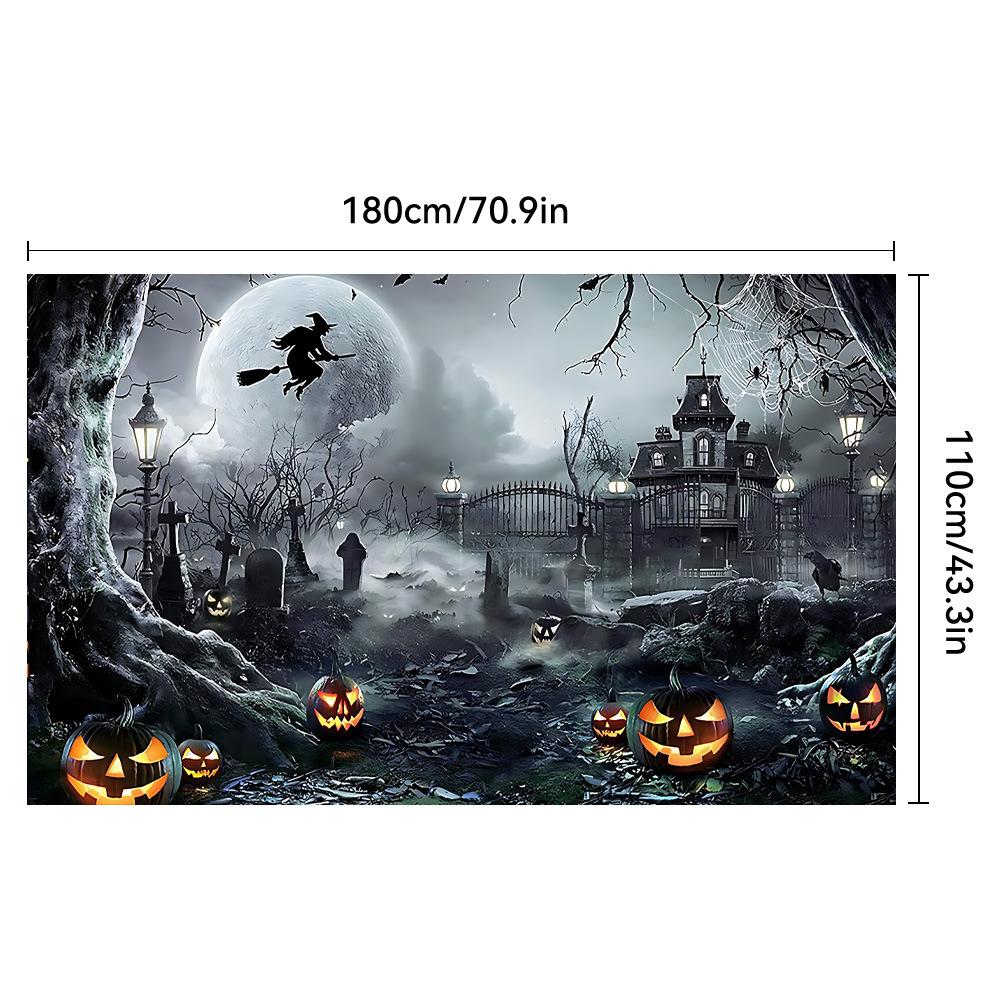 1pc Scary Halloween Party Backdrop Night Moon Gothic Gate Pumpkin Bats Banner for Halloween Themed Party Background Decoration