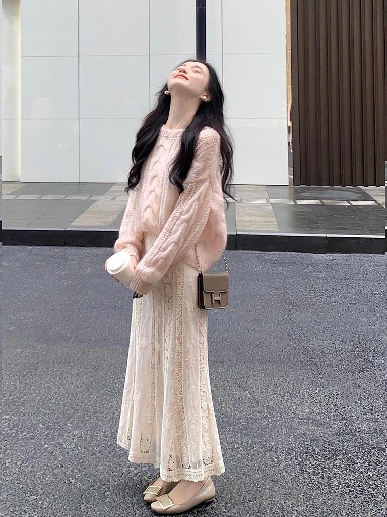 OK-323 Korean Style Pink Knit Cardigan & Lace Skirt Set - Autumn Collection