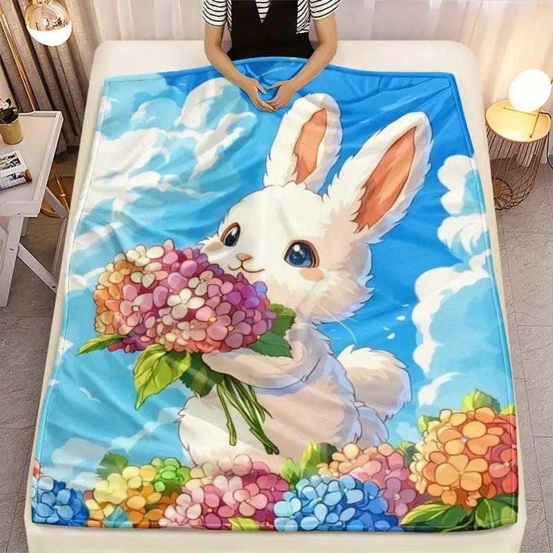 Flower Print Bunny Flannel Blanket - Lightweight, Soft and Warm for Sofa, Travel, Bed and Office, Christmas and Halloween