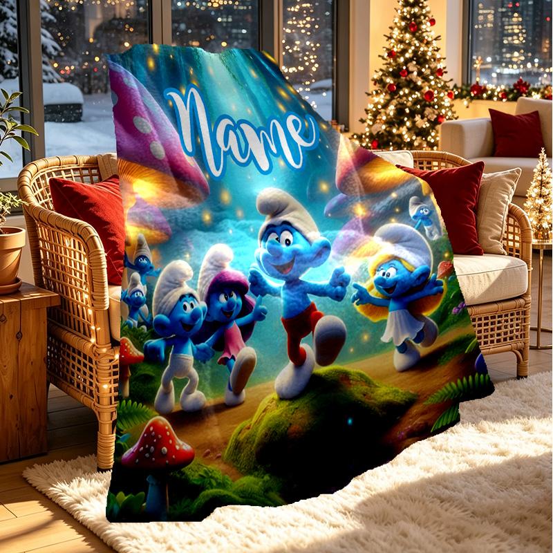 Custom Name Personalized Blue Smurfs Print Blanket, Home Decor, Bedroom, Sofa, Camping, Couch, Gifts for Birthday Christmas