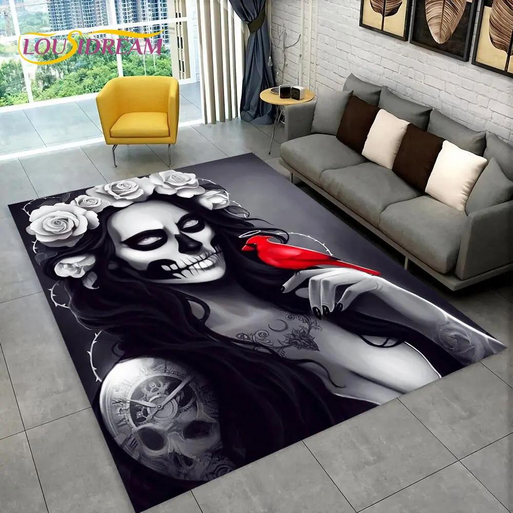 3D Gothic Horror Female Skull Dead Girl Area Rug,Carpet Rug for Home Living Room Bedroom Sofa Doormat Decor,Non-slip Floor Mat