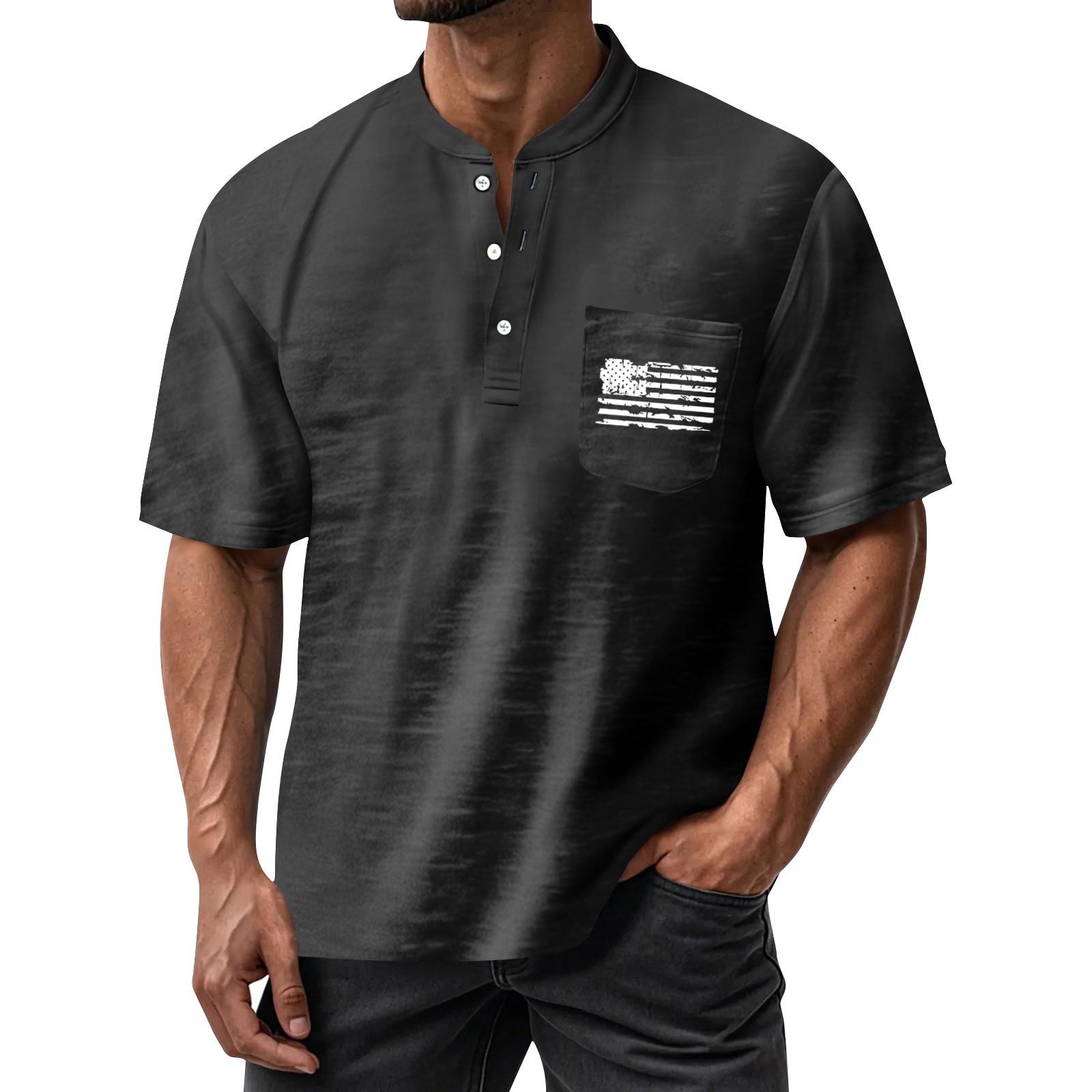 

Men s Summer Independence Day Pattern Round Neck Short Sleeve T-Shirt Neck Men s All- Casual Button Shirt L чёрный