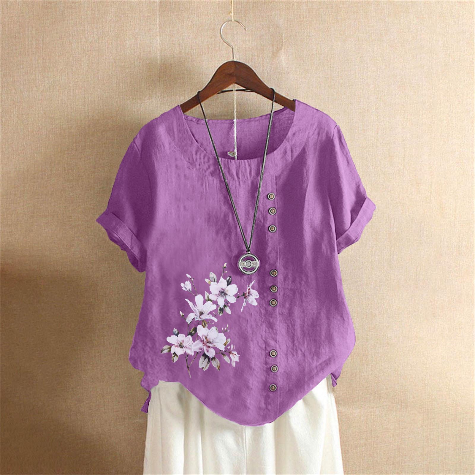 Летняя оверсайз хлопково-льняная футболка с коротким рукавом, Хлопково-льняная печатная оверсайз женская одежда S фиолетовый