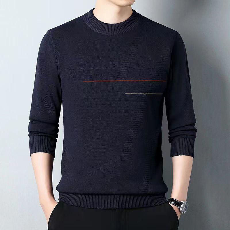 Korean High-end Autumn New Fleece Thickened Winter Warm Sweater Men's Solid Print O-neck Pullover Patchwork Knit Long Sleeve Top