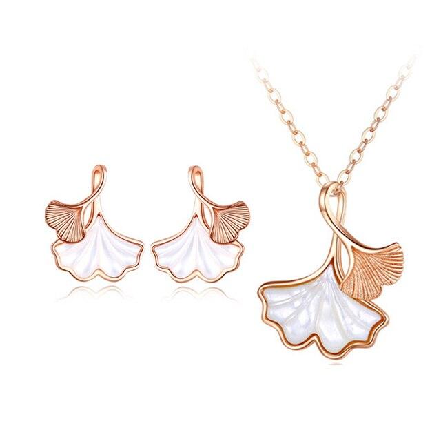 

ANENJERY ракушка лист гинкго ожерелье серьги комплект ювелирных изделий для женщин элегантный юбилей ювелирные изделия подарок bijoux femme оптовая продажа Resizable розового золота