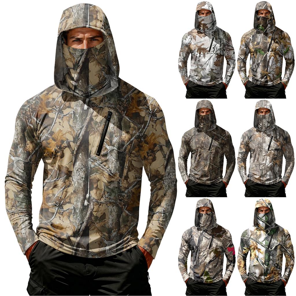 Men's Casual Long Sleeve Hoodie Lightweight Sun Protection Jacket Leaf Camouflage Print Outdoor Sportswear with Hood and Zipper Pocket