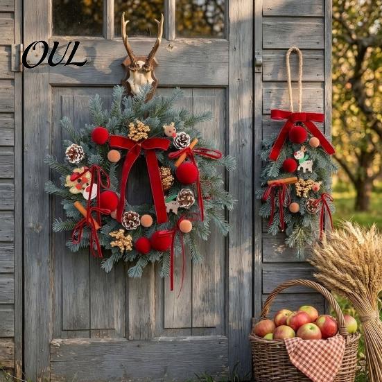 Handmade Wreath for Balcony Christmas Artificial Garland with Pinecones Cinnamon And Red Bows, Decorative Hanging Rustic Pinecone Pendants Winter