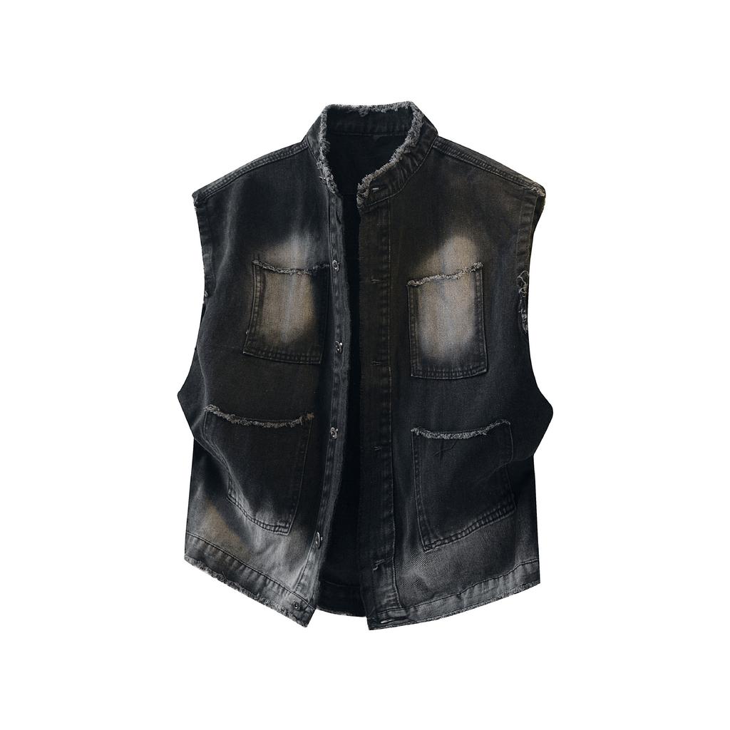 American Ripped Denim Vest Men's and Women's Summer Trendy Brand Sleeveless Vest Vest Trendy Stand-up Collar Tooling Jacket Jacket
