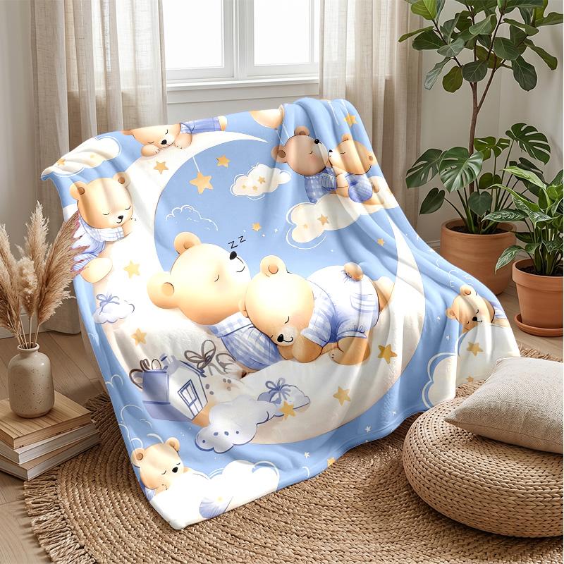 

Bear on Moon and Clouds blanket Personalized Name Flannel Blanket Soft Cozy Plush Throw for Sofa Bed Lightweight Home Decor 75x90cm