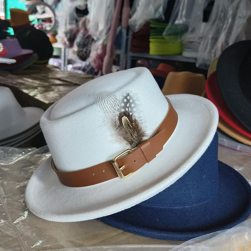 Vintage Pork Pie Hat Men feather fedora hat Webbing Decorative flip-brim Felt hats Panama Gentlemen women Church Jazz Hat