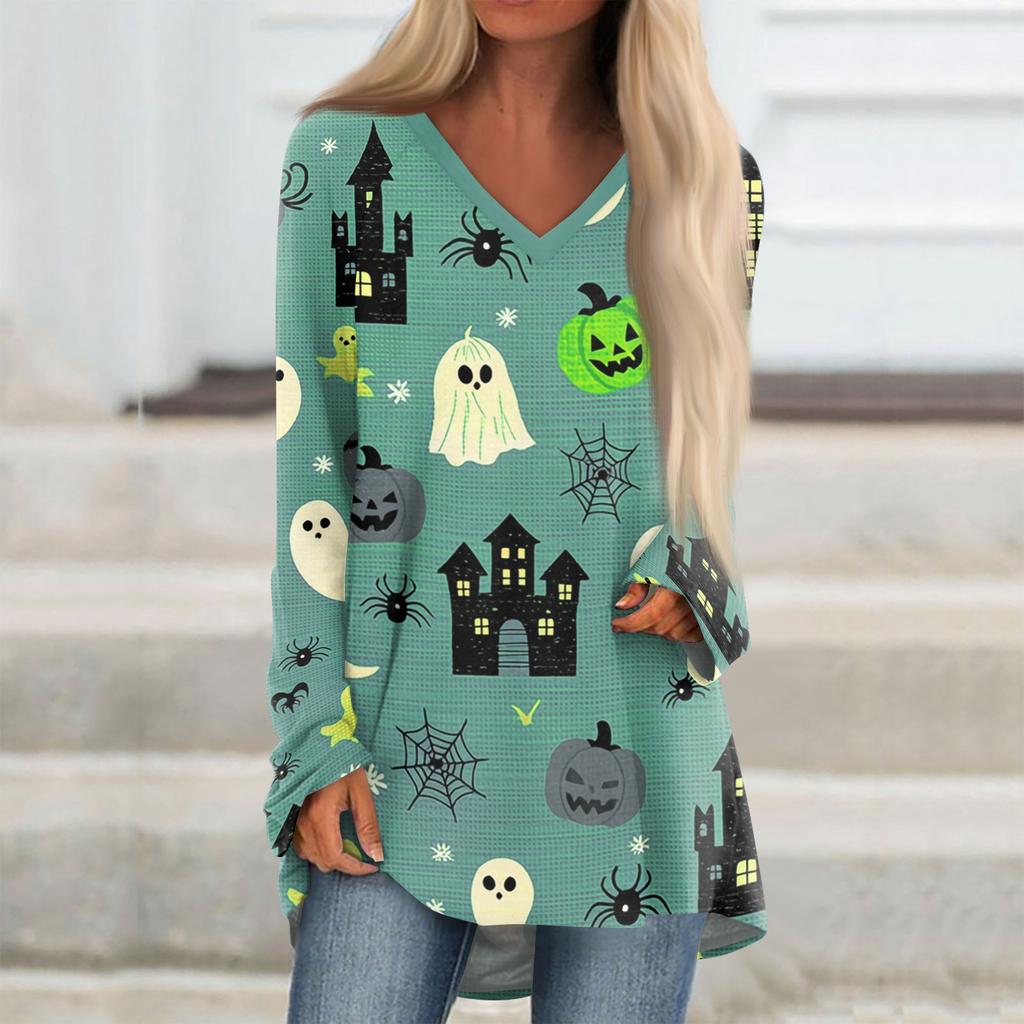 Women's Long Sleeve V-Neck Halloween Print Tunic Top Casual Tee
