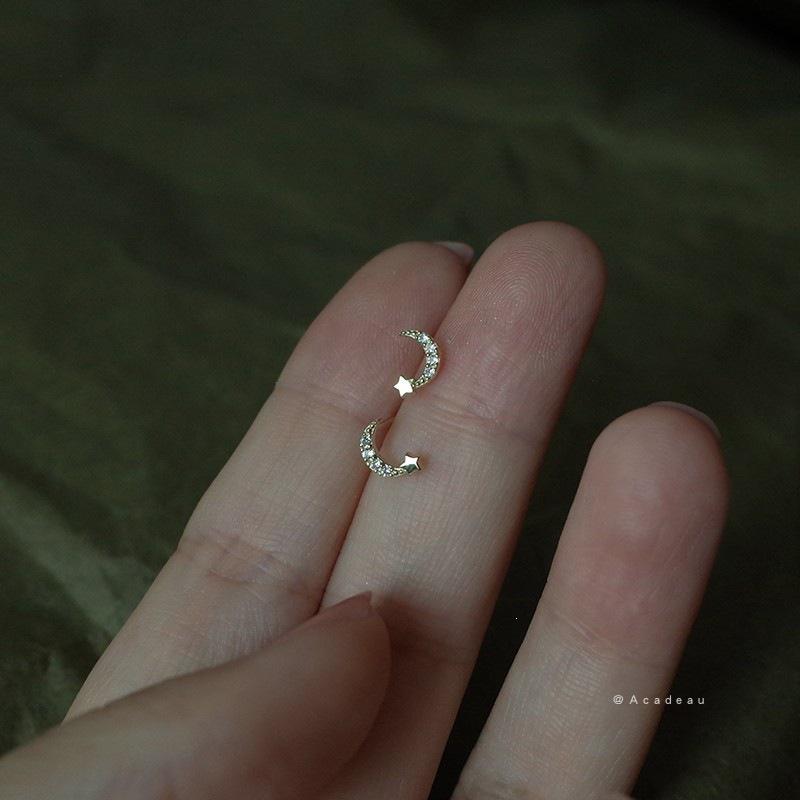 Gold-Plated S925 Sterling Silver Star and Moon Stud Earrings for Women - Micro-Set Mini Design, Cute and Exquisite.