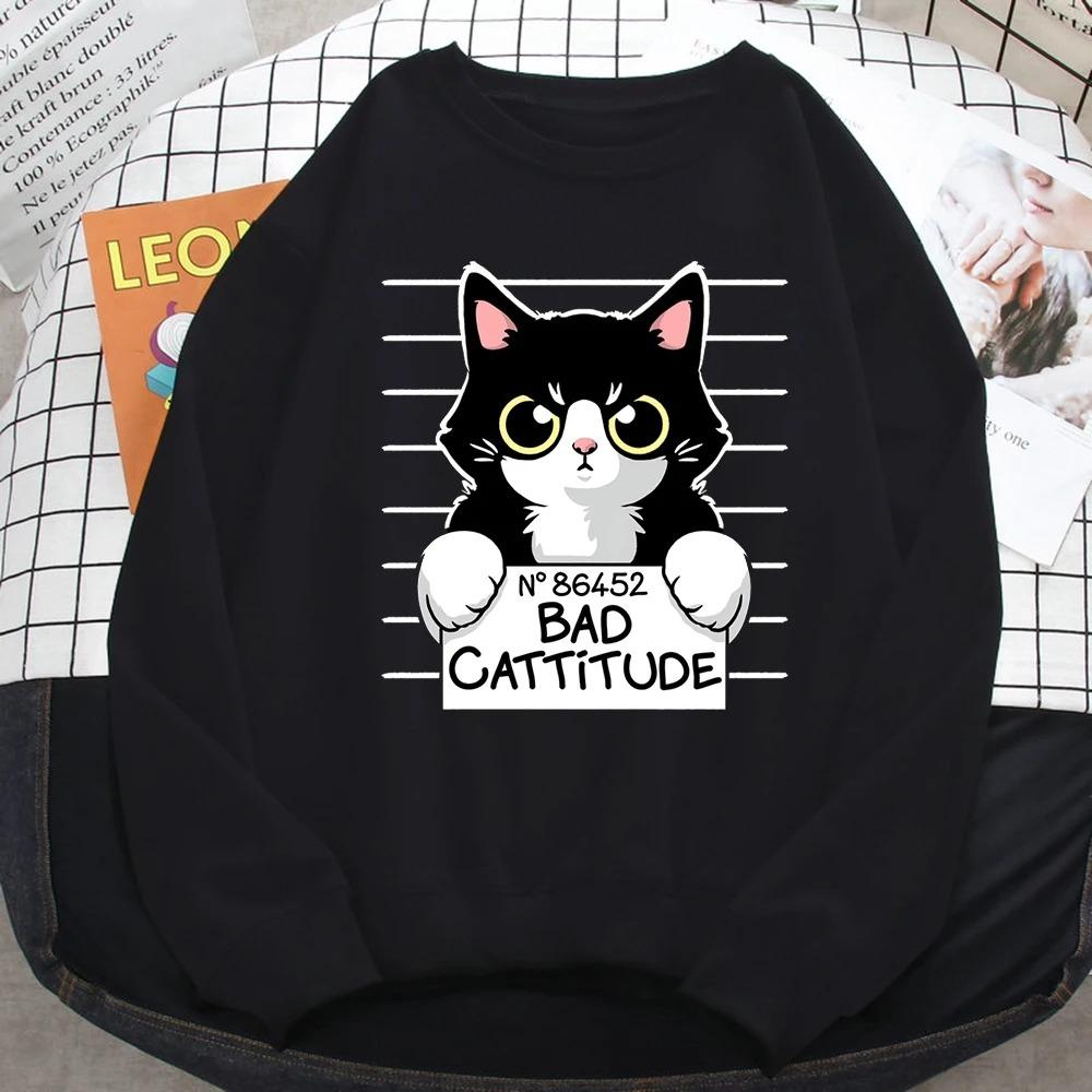 Autumn Winter Womens Pullover No86452 Bad Cattitude Funny Cat Print Hoodie  All-Math Sweatshirts Warm Crewneck Ladies Tops