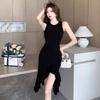 Black Ruffle Edge Irregular Suspender Dress Sexy Waist and Thin Temperament with Fishtail Skirt Night Skirt