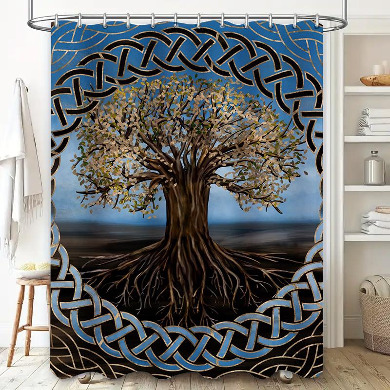 Unique Celtic Tree Shower Curtain 180 X 175Cm Waterproof Bath Decor In Gold Blue For Bathroom Aesthetic Home Decoration Artistic