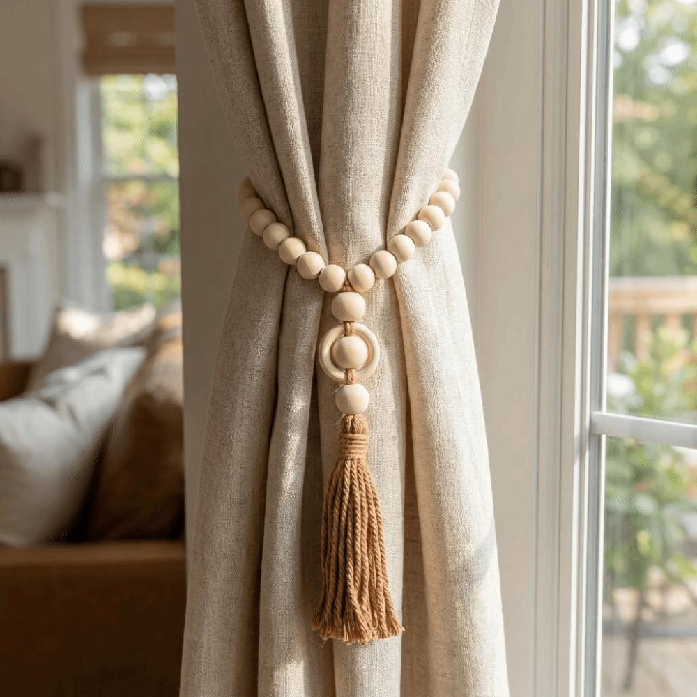 Rustic Wooden Beads Curtain Holdbacks with Tassels Bohemian Style Curtain Ties Decorative Curtain Rope Bundle Wall Hanging Decor