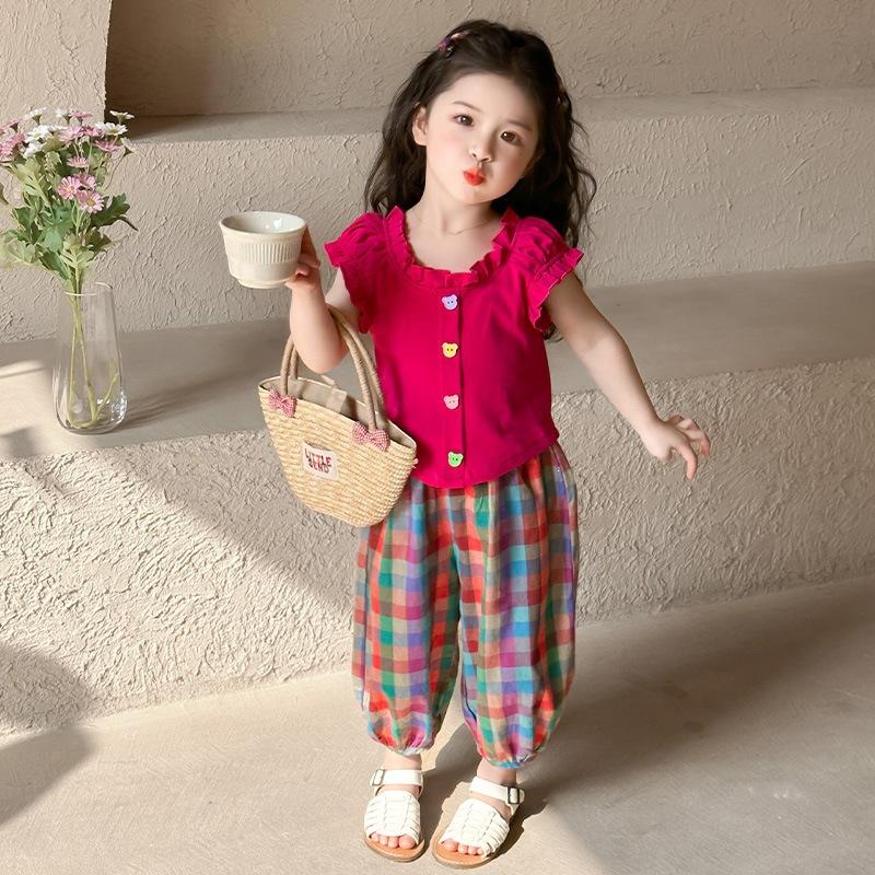 Girls Summer Short Sleeve Plaid Pants Two Piece Set Lightweight and Stylish