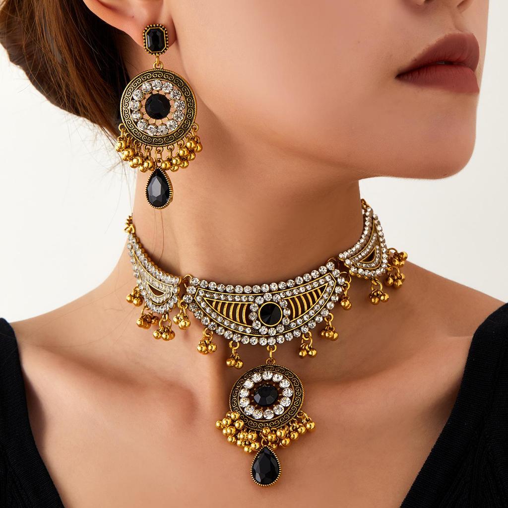 Vintage Ethnic Rhinestone Necklace & Earrings Set