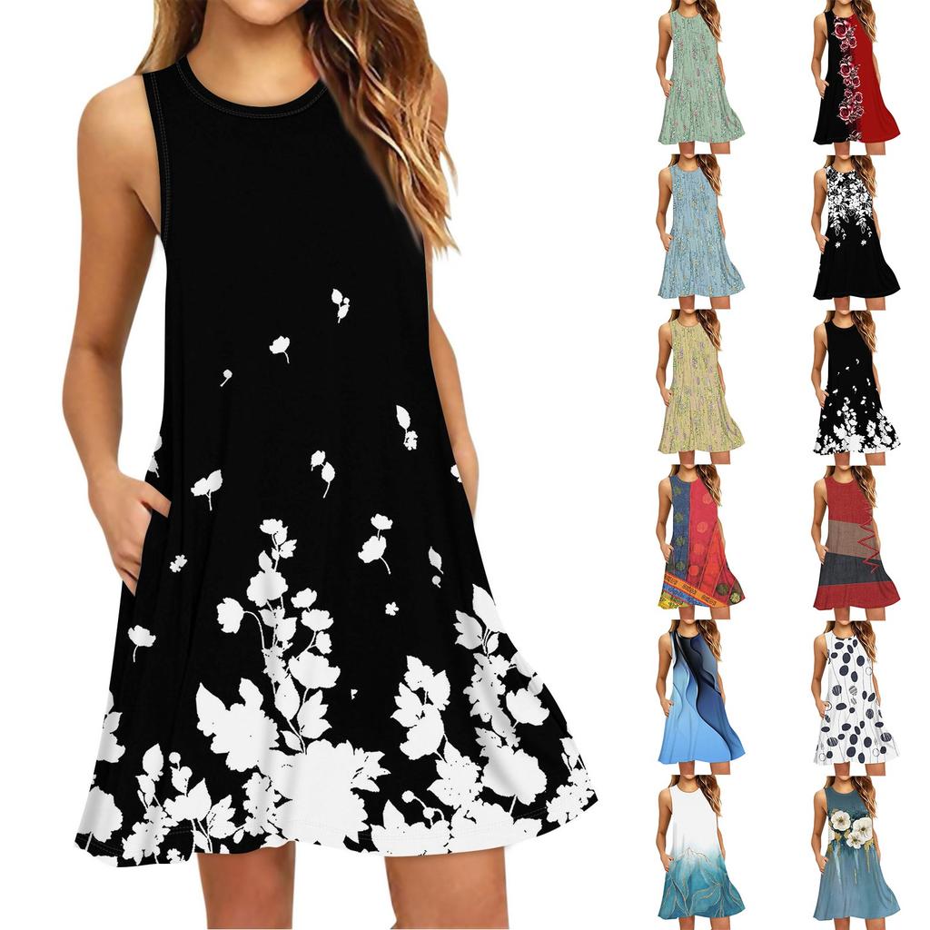 Women's Fashion Beach Dress Sleeveless Round Neck Floral Print Dress