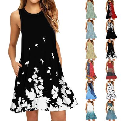 Women's Fashion Beach Dress Sleeveless Round Neck Floral Print Dress
