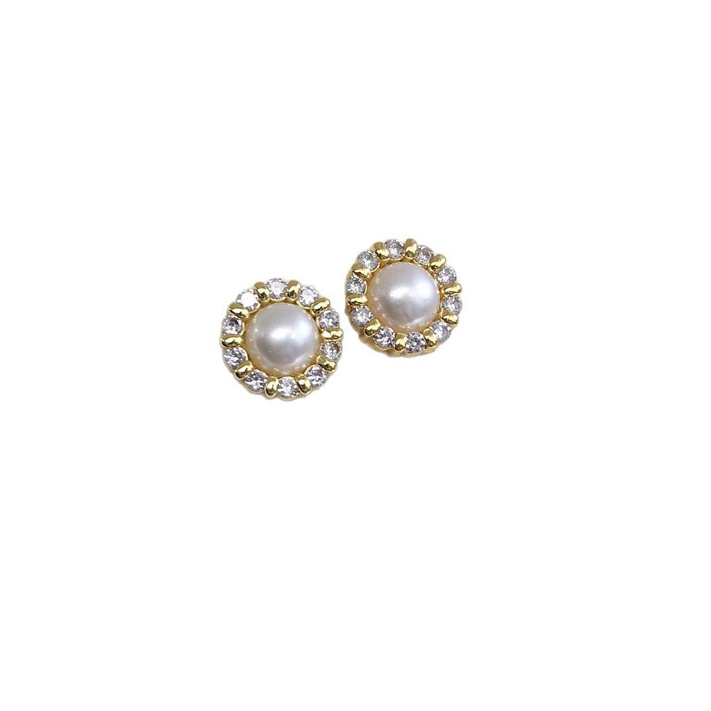 Pearl earrings set with diamonds, sparkling zircon, natural freshwater pearl earrings, fashionable and simple pearl jewelry