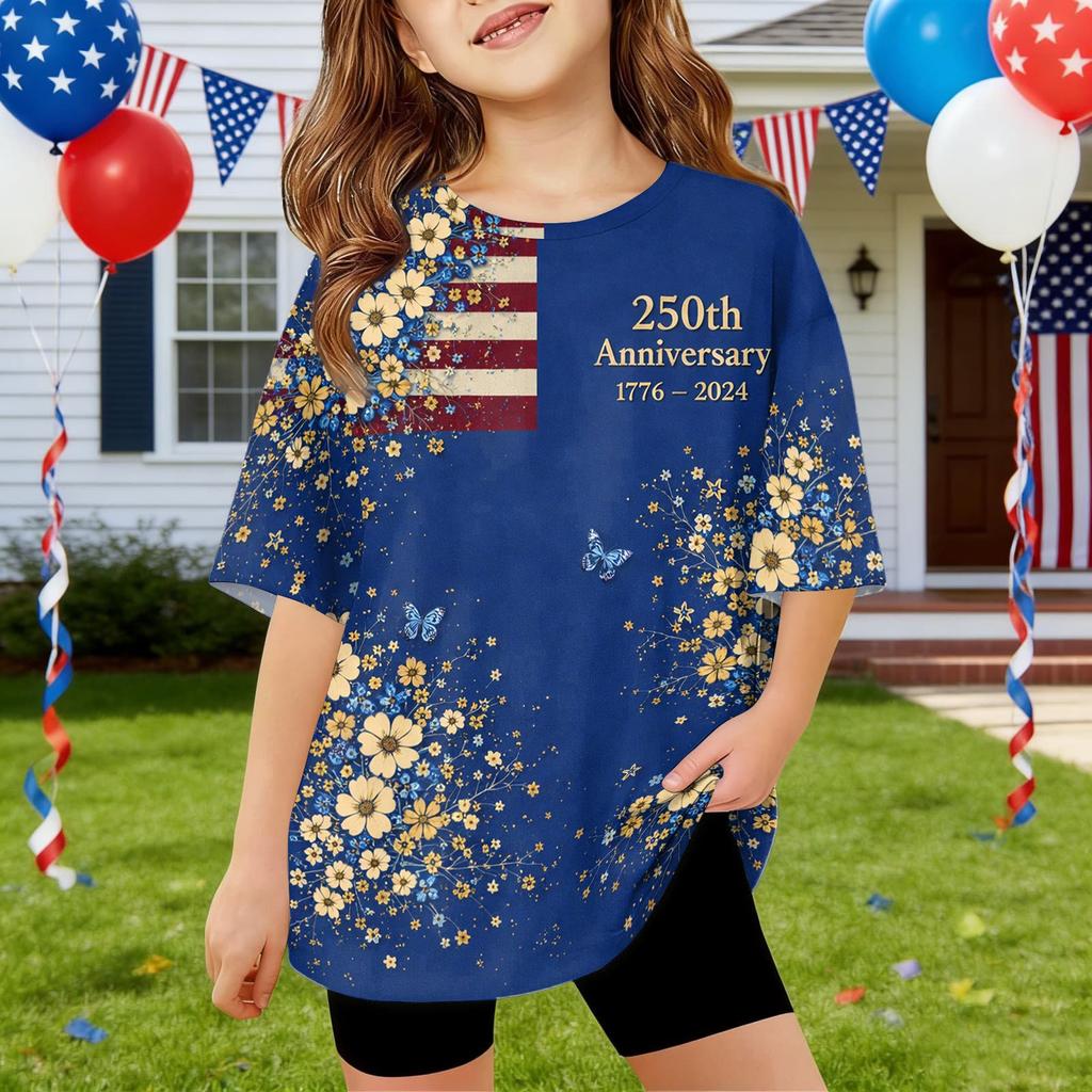 Kids Independence Day Print Round Neck Short Sleeve Casual T-shirt