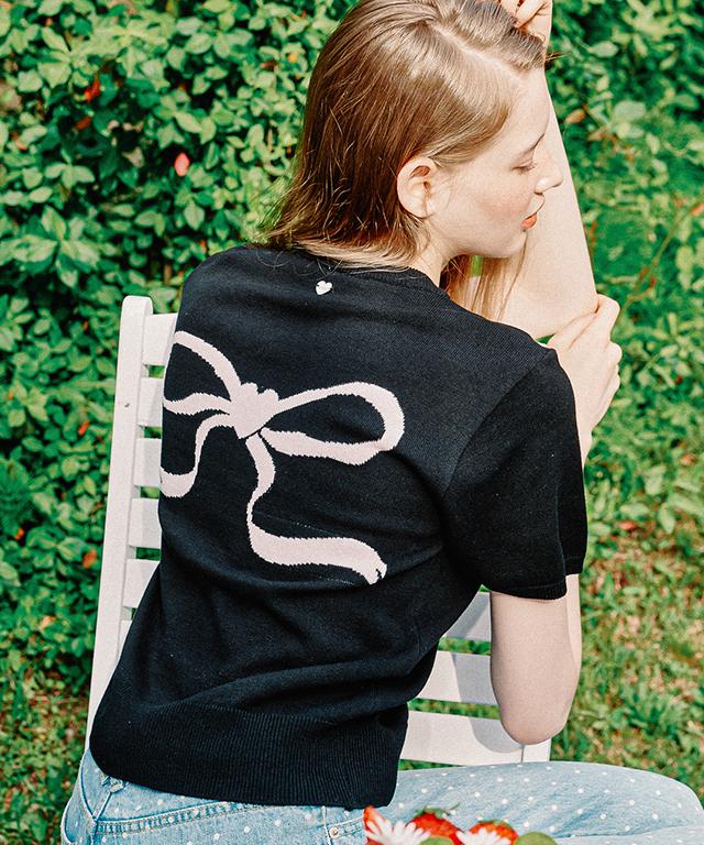 RONRON Heart Ribbon Jacquard Short Sleeve Knit Black