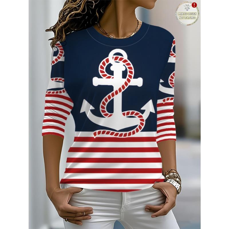 Anchor Nautical Logo Sailor Suit Logo Whole Body Pattern Print Casual Fashion Spring Autumn Winter Versatile Trendy Women's Top