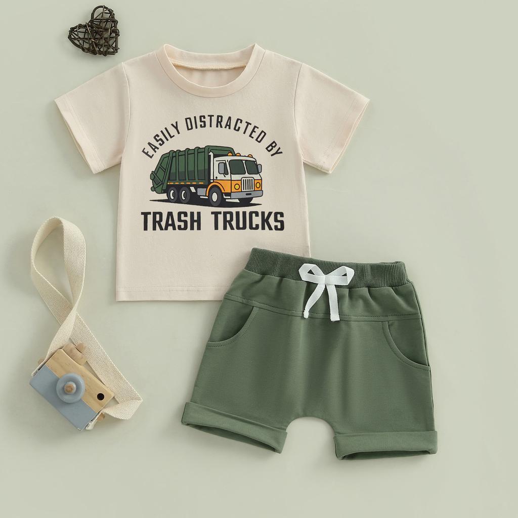 Tenues d'été pour tout-petits Garçons T-shirts à manches courtes imprimé Camion poubelle Lettre Short à taille élastique Ensemble 2 pièces