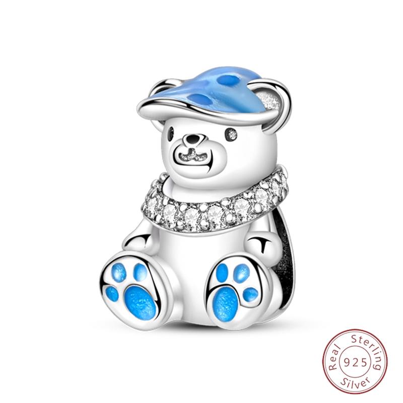 S925 Silver Birthday Bear Lucky Cat Elephant Family Firefly Charms Beads Fit 3mm Bracelets DIY Fine Jewelry