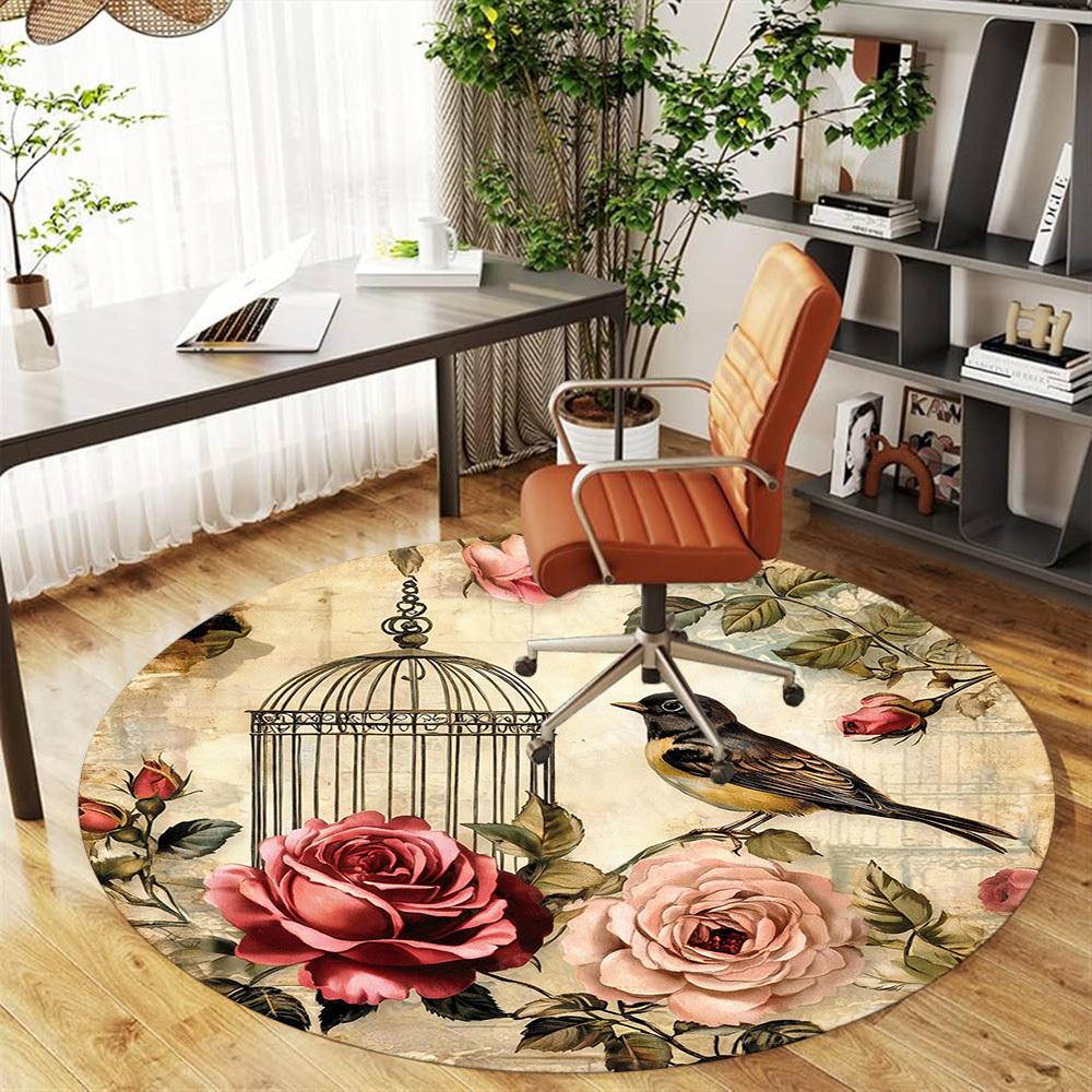 1PC bird cage flowers Office Round Area Rug, Under Office Chairs Bedroom Living Room Home Decor, Carpet for Office -1110100