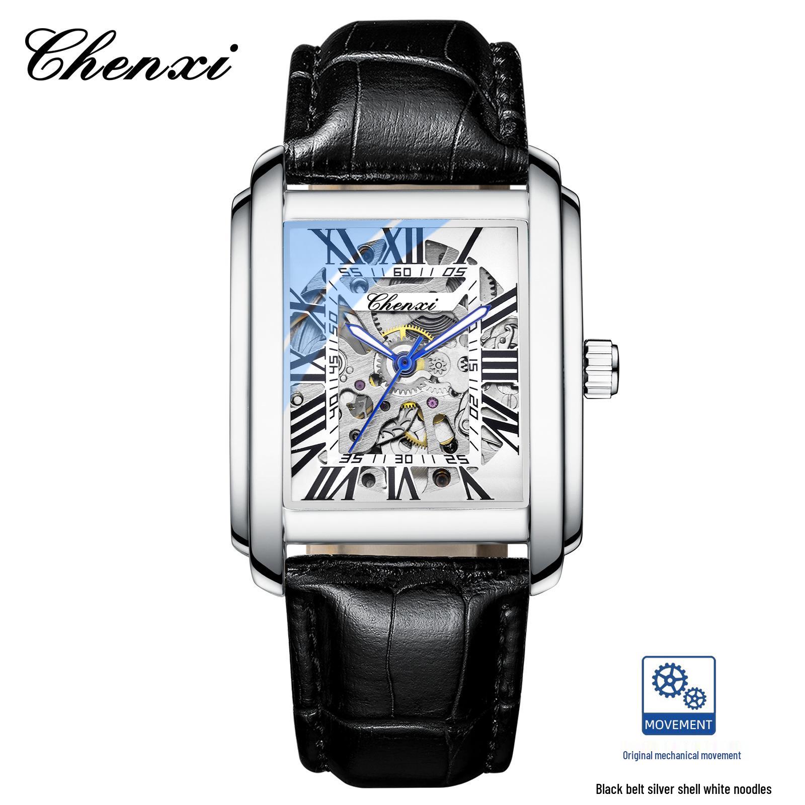 CHENXI Men s Waterproof Square Hollow Mechanical Leather Watch