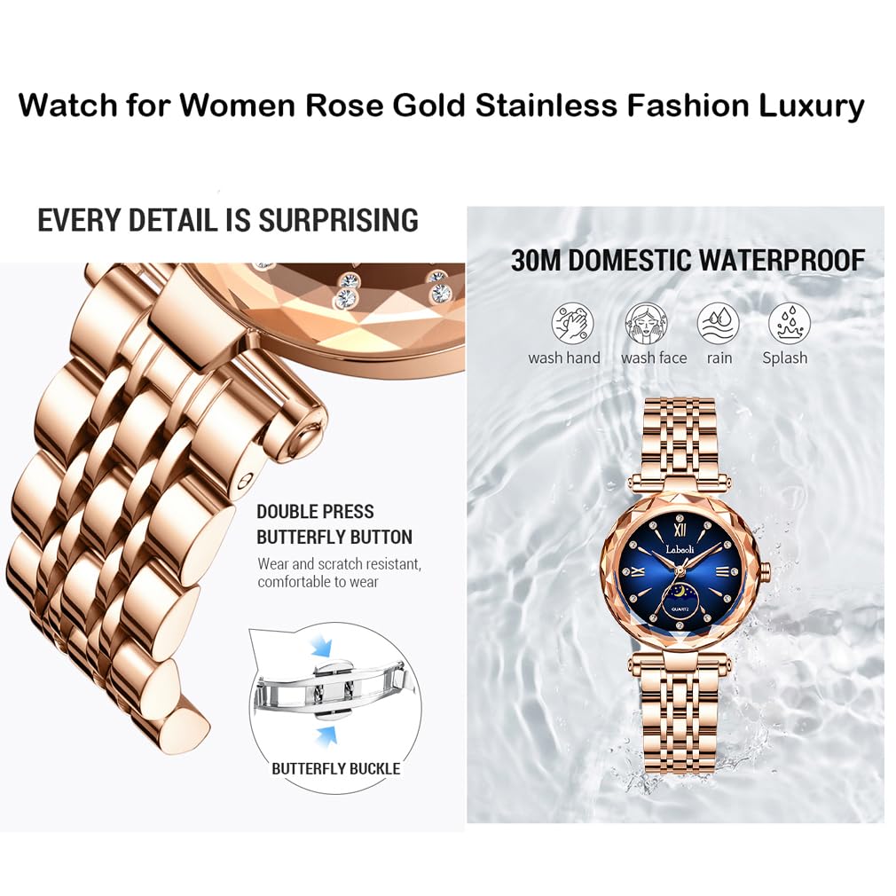 Rose Gold Watch with Brand Stainless Gift for Blue Women's Crystals, Stylish, Waterproof, Name, Business, Steel, Luxury, Cute, Her,