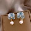 Blue Enamel Flower Pearl Drop Earrings - Unique Retro Forest Style