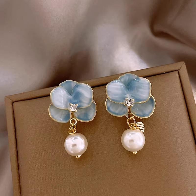 Blue Enamel Flower Pearl Drop Earrings - Unique Retro Forest Style
