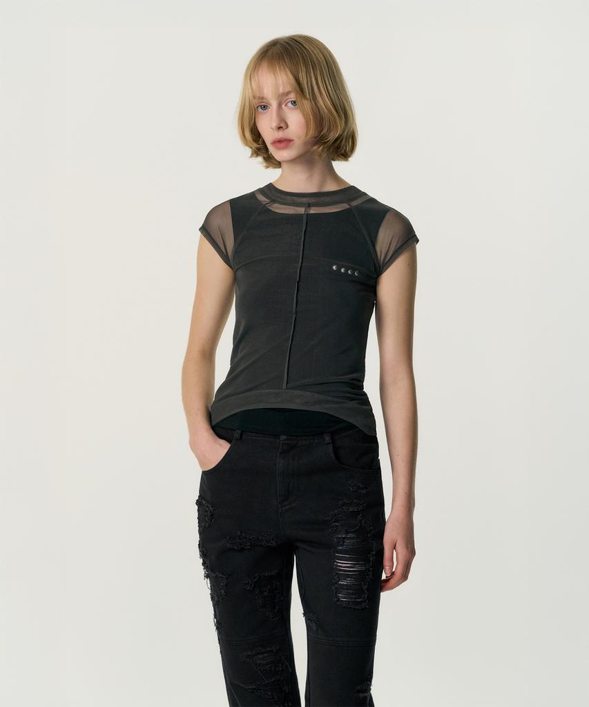 Kimjisu Veiled Mesh Shell Ss T-Shirt_Black
