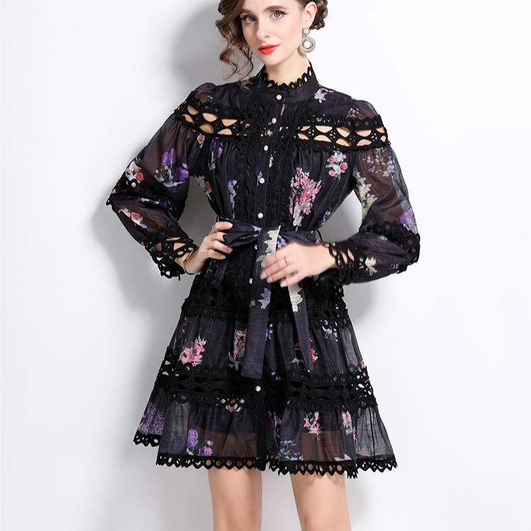 Printemps Automne Femmes Vintage Col Montant Imprimé Dentelle Patchwork Mini Robes De Soirée Courtes