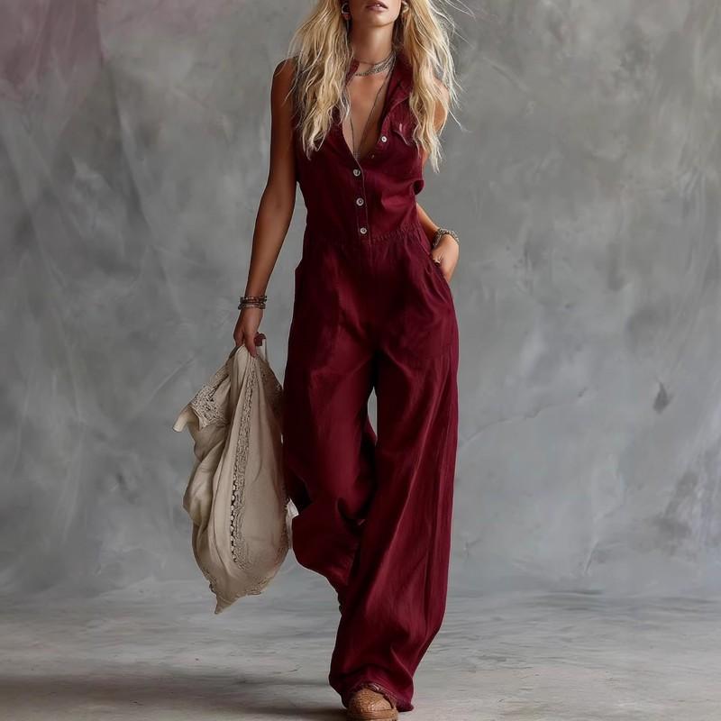 2025 Linen Cotton Sleeveless V-Neck Jumpsuit High Waist Straight Leg Casual Boho Romper Women Teens Youth