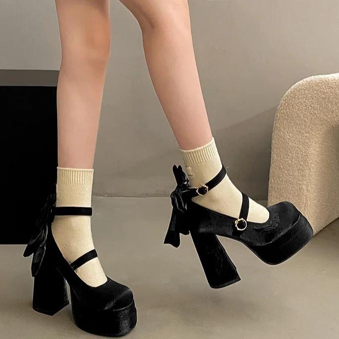 Women High Heel Shoes Lolita Pumps Fashion Spring Autumn Ladies Outdoor Retro Bow Mary Jane French Elegant 6-8cm High Heels