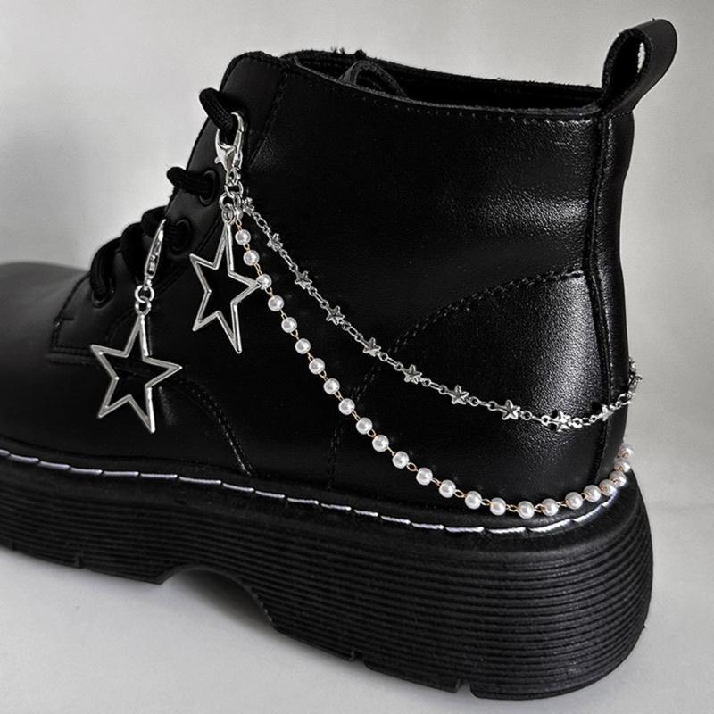Doppellagige Schuhkette Canvas Schuhe Ketten Punk Stil Stern/Herz Perlen Schuhschnallen Schmuck Trendy Y2k Accessoires