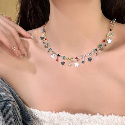 Colorful Summer Ins Colorful Butterfly Zircon Collarbone Chain Women's Light Luxury Niche Design Accessories Spice Girl Fringed Necklace