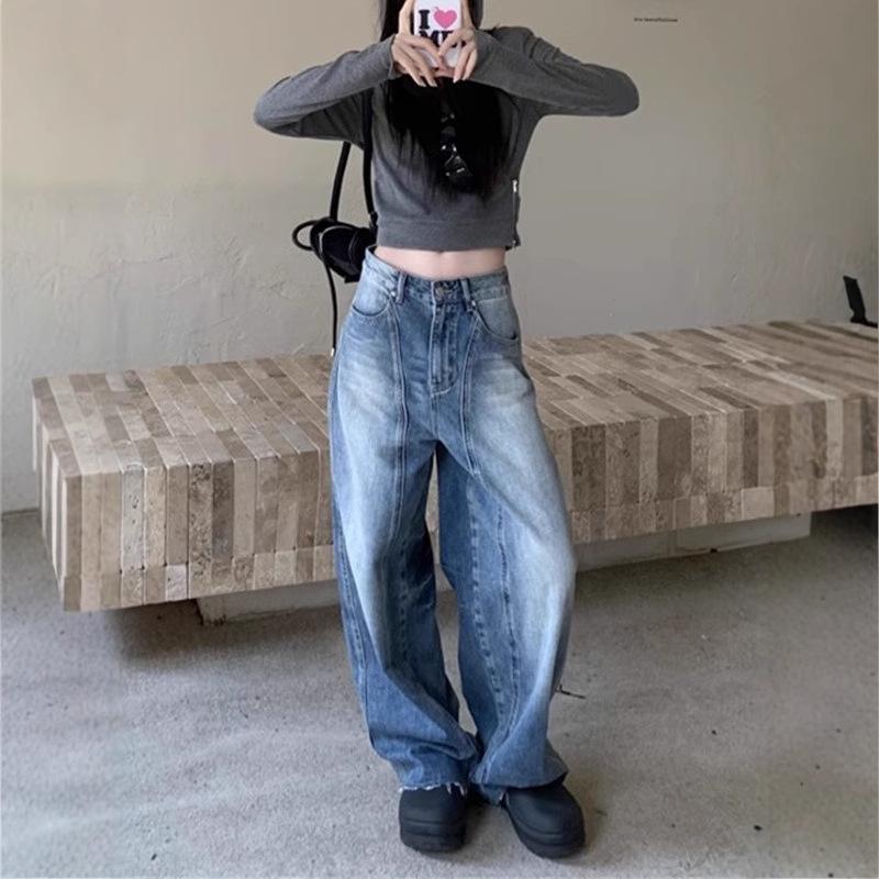 Women’s Retro Patchwork Wide-Leg Distressed Jeans