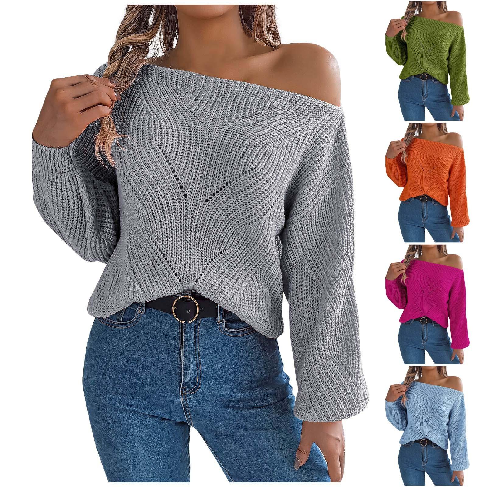 

Женский модный повседневный полый вязаный свитер, однотонный свитер с открытыми плечами и длинными рукавами, топ