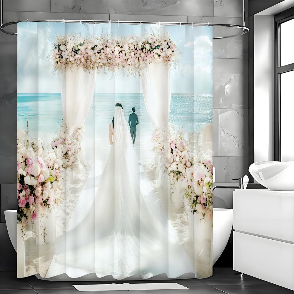 Svatební sprchový závěs s mořskými květy, Dekorativní sprchový závěs do koupelny, Vodotěsný sprchový závěs s háčky