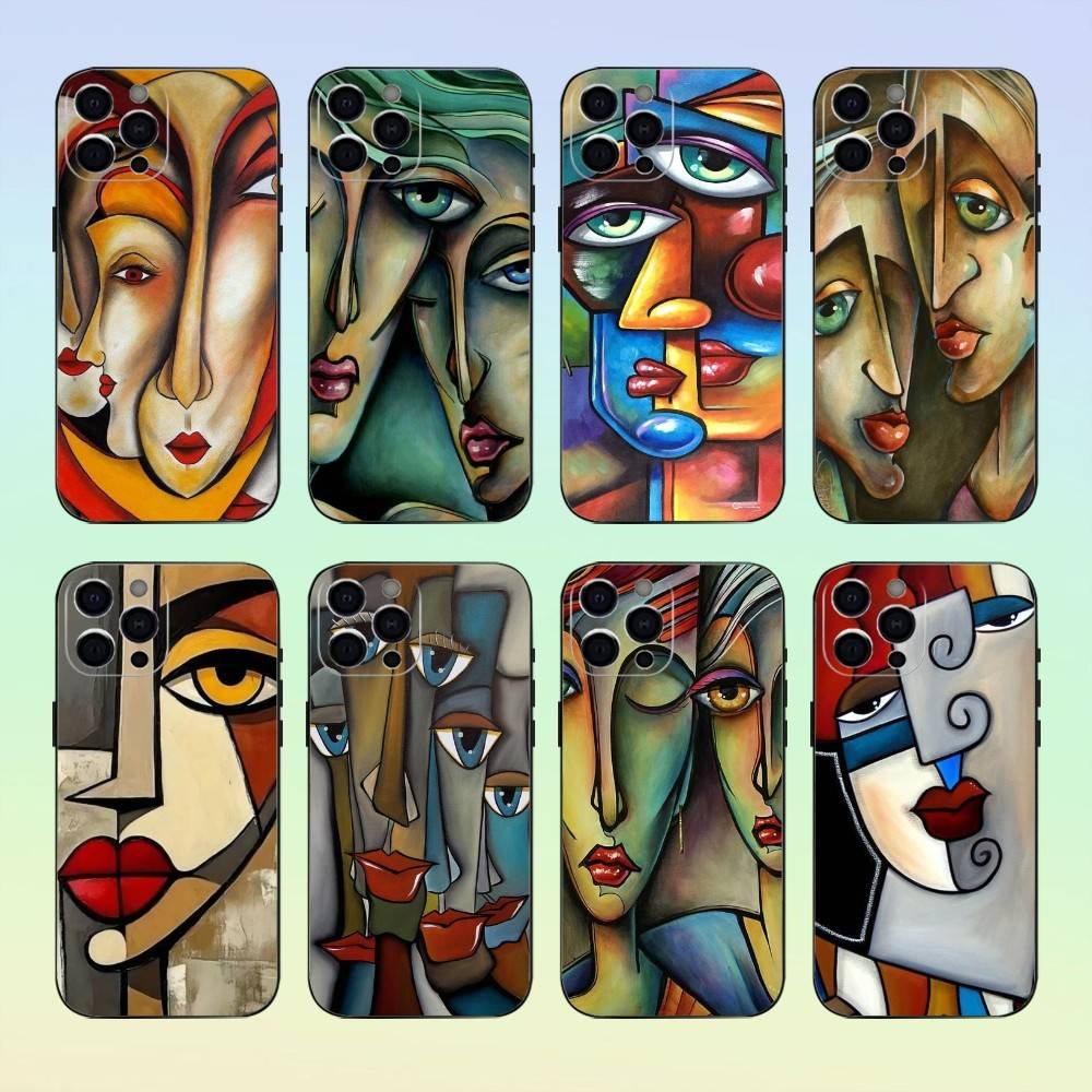 Abstract Human Face Art Phone Case For iPhone 17,16,15,14,13,12,11 ,Soft Silicone Black Cover