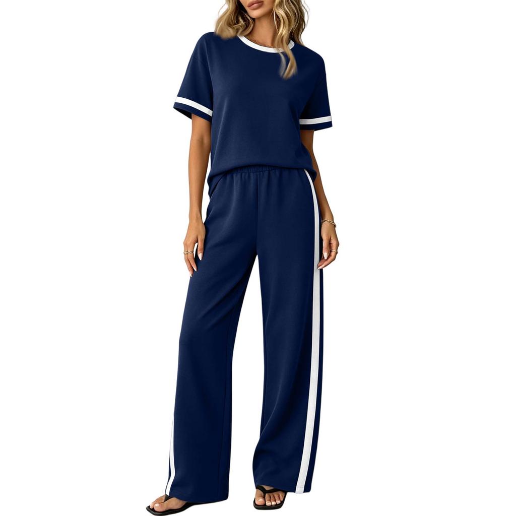 Conjunto de Dos Piezas para Mujer Informal para Estar en Casa Top de Manga Corta y Pantalones de Pierna Ancha Tejido Suave Ajuste Cómodo Estilo Relajado