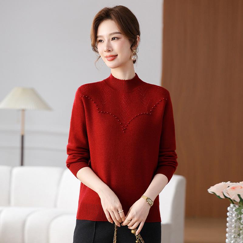 

2024 Свитер с плюшем для женщин среднего возраста: Уютный осенне-зимний комбинезон XL (suggested 110-120 jin) красный