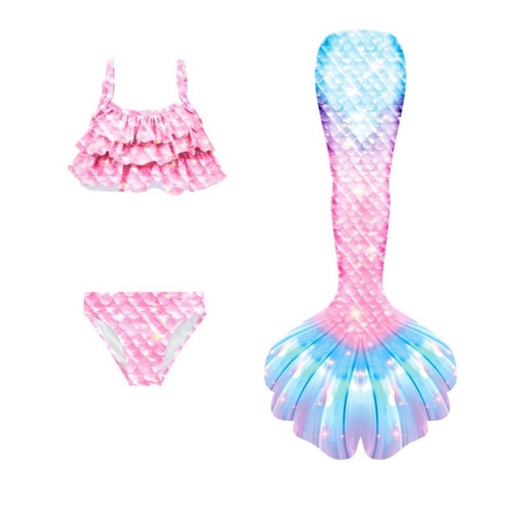 3Pcs Girls Mermaid Tail Swimsuit Children Memaid Swimwear Bikini Bathing Suit Halloween Costume Princess Beach Party Clothing