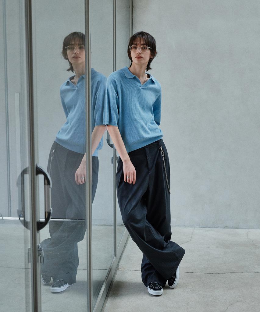 GLW Double-Pleat Wide Striped Slacks Charcoal