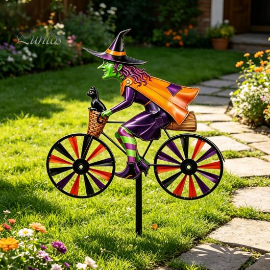 Gift for Garden Lovers Halloween Wizard/Ghost/Black Cat/Skeleton Bicycle Ground Stake Ornament, Metal Stakes, Yard Art Decorative Outdoor Statue Lawn
